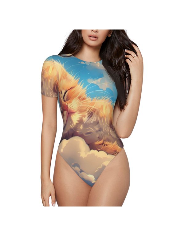 Cloud Sleeping Cat Prinr Short Sleeve Body suit for Womens, Sexy Onesie One Piece Round Neck Bodysuit Shapewear Tummy Control-X-Large