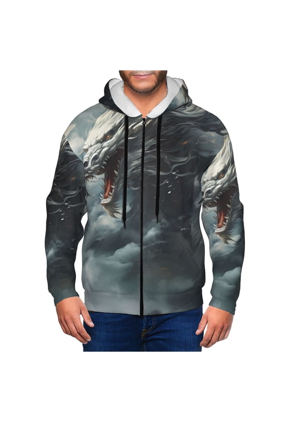 Cloud White Dragon Mens Hoodies Zip Hoodie, Hoodies for Men, Zip-up Hooded Sweatshirt-Large