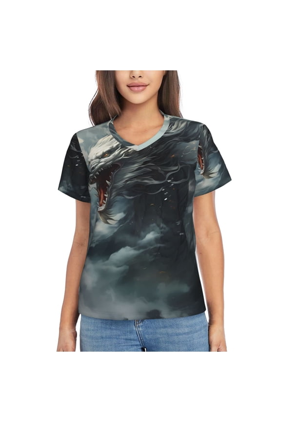 Cloud White Dragon Women Shirts V Neck Short Sleeve Tops T-Shirt Basic Tees, S to 3XLSmall