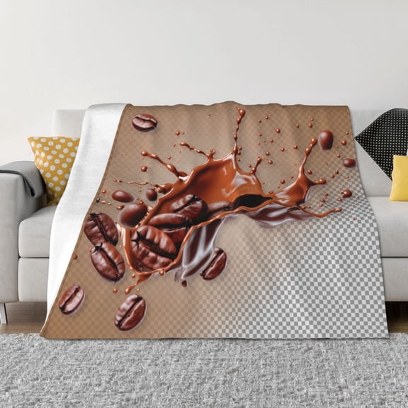 Vsdgher Coffee Beans Chocolate Splash Pattern Fleece Throw Blanket, Horizontal Fleece Bedding Home Decor for Couch & Bed All Season Use -80"x60"