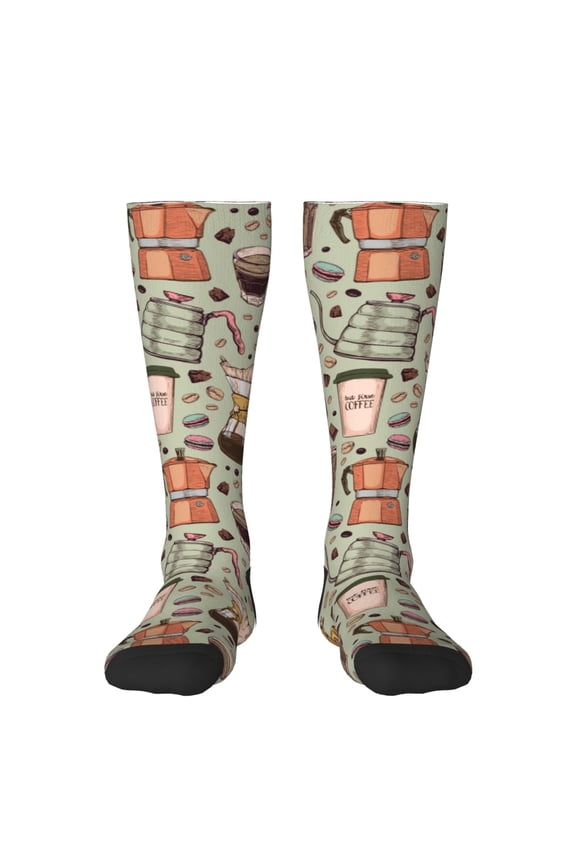 Coffee Makers Macaroons Chocolate Print Thigh High Socks Extra Long Stretchy Sock Women Over Knee High Opaque Stocking Daily Wear
