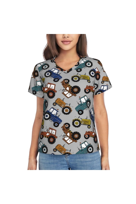 Color Tractor Women Shirts V Neck Short Sleeve Tops T-Shirt Basic Tees, S to 3XLMedium