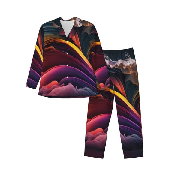 Vsdgher Colorful Abstract Wave Motion Mens Pajama Set, Soft Warm Long Sleeve Sleepwear, Cozy Button-Down Pjs for Men-