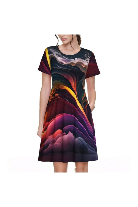 Colorful Abstract Wave Motion for Womens Summer 2025 Casual Midi Maxi Dresses Lightweight Short Sleeve Round Neck Beach Dress -XX-Large