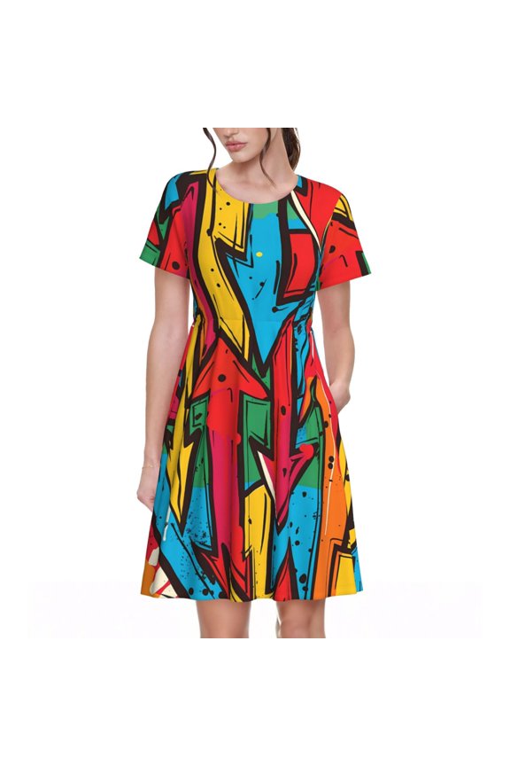 Colorful Arrow Graffiti Pattern for Womens Summer 2025 Casual Midi Maxi Dresses Lightweight Short Sleeve Round Neck Beach Dress -3X-Large