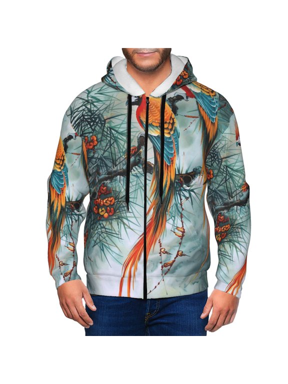 Exotic Birds Forest Mens Hoodies Zip Hoodie, Hoodies for Men, Zip-up Hooded Sweatshirt-XX-Large