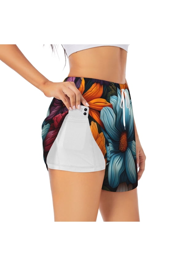 Colorful Blooming Flowers Athletic Shorts for Women, Women's Running Double Layer Shorts, High Waisted Yoga Shorts, Workout Athletic Shorts-Small