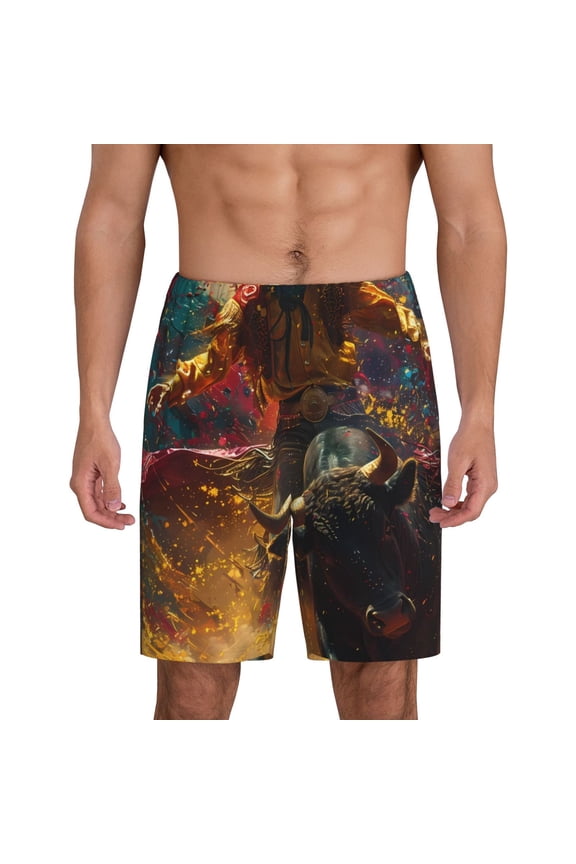 Colorful Bull Western Man Print Men's Pajama Shorts Lounge Bottoms Sleep Shorts Elastic Waist Lightweight PJ Shorts with Pockets-Large