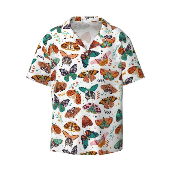 Vsdgher Colorful Butterfly Print Men's Wrinkle Free Untucked Cuban Shirt Business Casual Button Down Shirts Short Sleeve Shirt