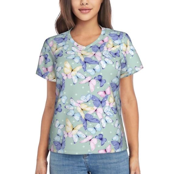 Vsdgher Colorful Butterfly Women Shirts V Neck Short Sleeve Tops T-Shirt Basic Tees, S to 3XLSmall