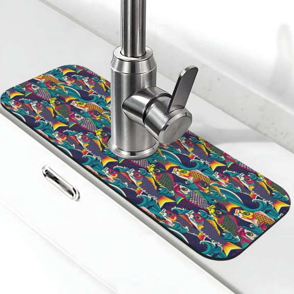 Vsdgher Colorful Carp Streamer Kitchen Sink Splash Guard Faucet Mat -1 PC Super Absorbent Fast Drying Mat Sink Gadgets-Splash, Bathroom,Sink Mat,(15" X 5.5" )