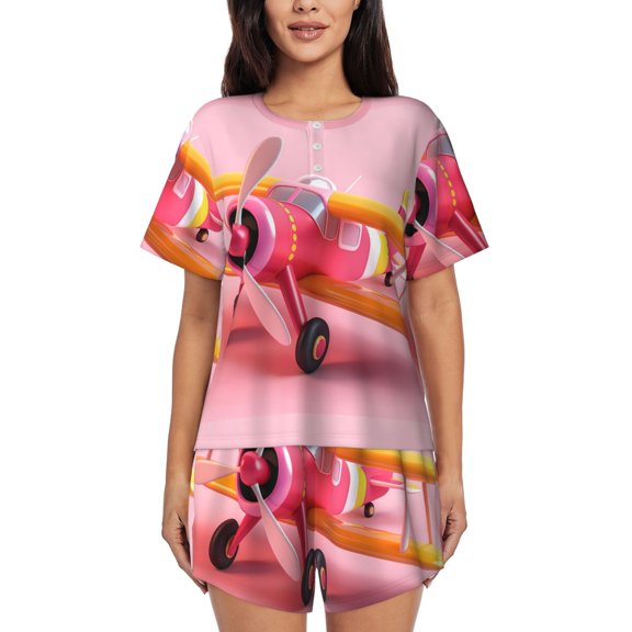 Vsdgher Colorful Cartoon Biplane Pattern Womens Pajamas 2 Piece Short Sleeve Sleepwear Set,Summer Soft Pajamas Set Casual Lounge Sets, 2-Piece Pj -3X-Large