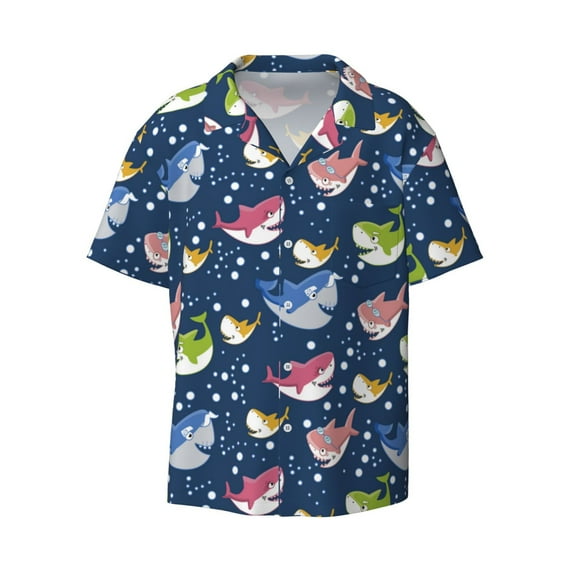 Vsdgher Colorful Cartoon Shark Print Men's Wrinkle Free Untucked Cuban Shirt Business Casual Button Down Shirts Short Sleeve Shirt