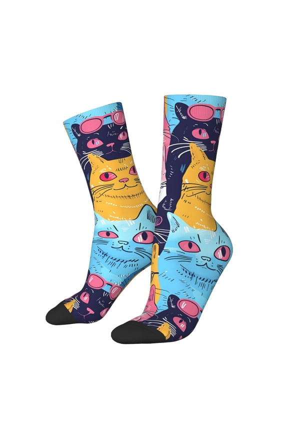 Colorful Cats Pattern Art Crew Socks for Men & Women, Breathable Casual Athletic Ankle Socks