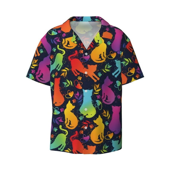 Vsdgher Colorful Cats Print Men's Wrinkle Free Untucked Cuban Shirt Business Casual Button Down Shirts Short Sleeve Shirt