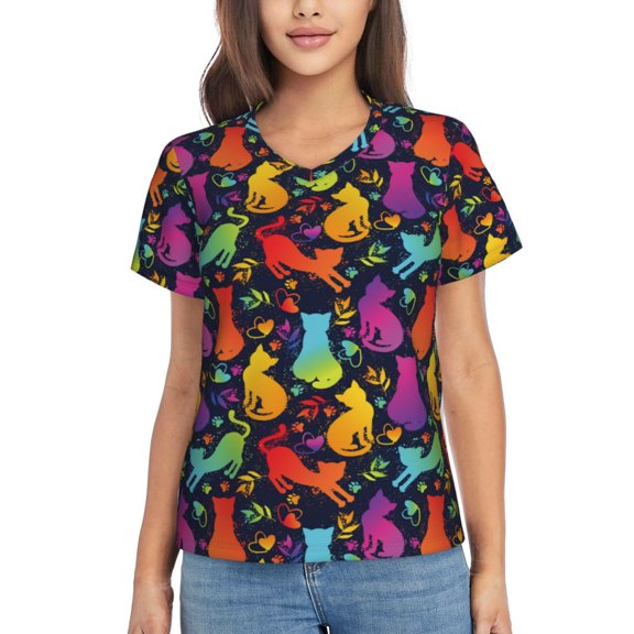 Vsdgher Colorful Cats Women Shirts V Neck Short Sleeve Tops T-Shirt Basic Tees, S to 3XLSmall