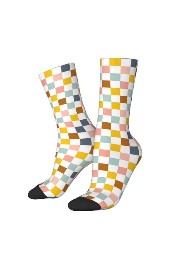 Colorful Checkered 1 Crew Socks for Men & Women, Breathable Casual Athletic Ankle Socks