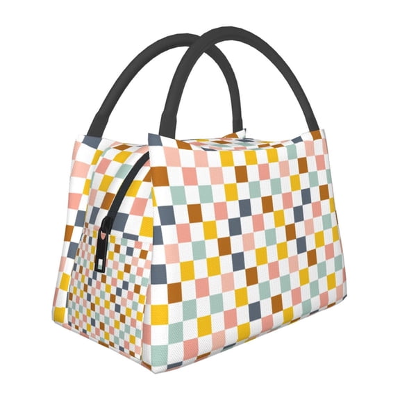 Vsdgher Colorful Checkered 1 Print Insulated Reusable Bags with Sturdy Zipper and Handles, Foldable Totes for Hot or Cold Food Bring or Delivery