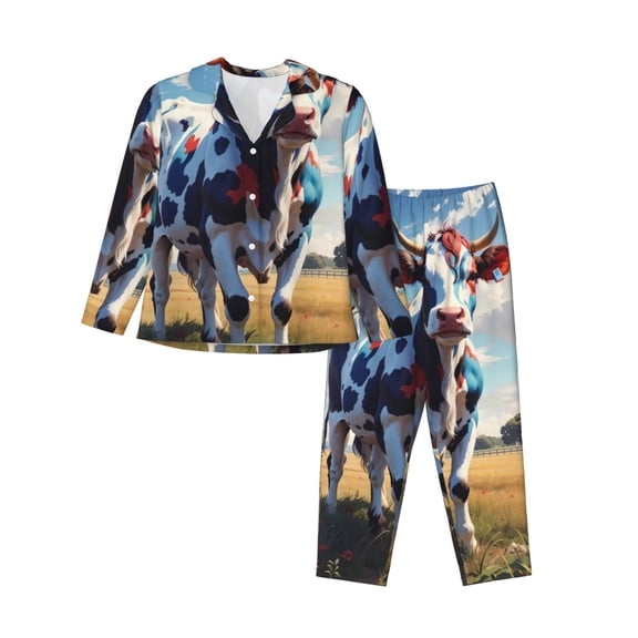 Vsdgher Colorful Cow Pasture Pajamas Set Long Sleeve Sleepwear Womens Button Down Nightwear Pj Sets-X-Large