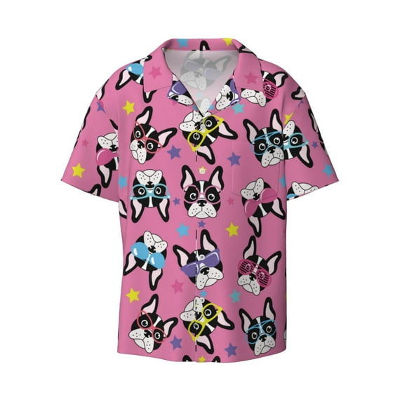 Vsdgher Colorful Cute French Bulldog Print Men's Wrinkle Free Untucked Cuban Shirt Business Casual Button Down Shirts Short Sleeve Shirt
