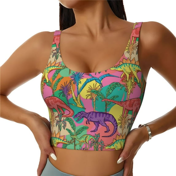 Vsdgher Colorful Dinosaur Print Women Sleeveless Athletic Tank Top Built-in Bra Camisole Sports Vest for Yoga Running Fitness Exercise with Removable Pads