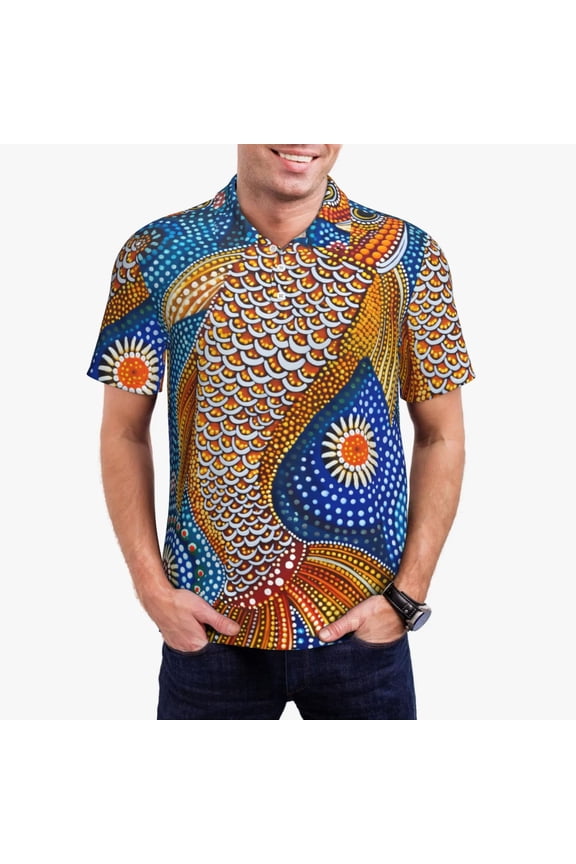 Colorful Dot Art Fish Polo Shirts for Men, Men's Short Sleeve Stretch Polo Shirt, Shirts for Men-Large