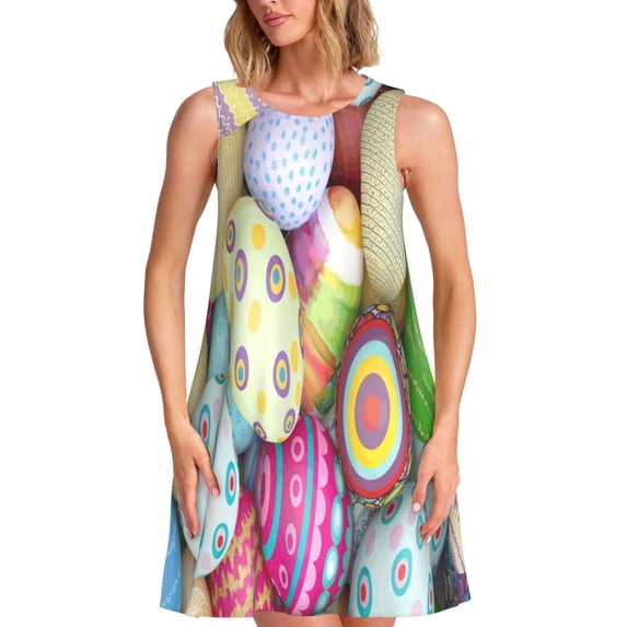 Vsdgher Colorful Easter Eggs Print Summer Dresses for Women Casual U Neck Beach Dress Sleeveless Tank Loose Sundress with Pocket -Medium