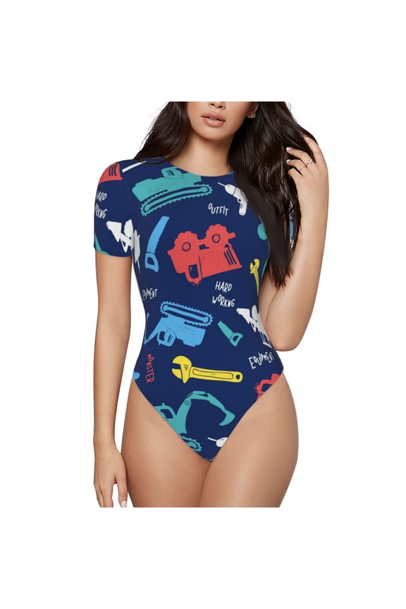 Colorful Excavator Prinr Short Sleeve Body suit for Womens, Sexy Onesie One Piece Round Neck Bodysuit Shapewear Tummy Control-Medium