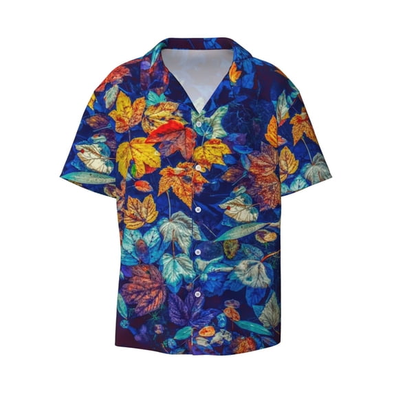 Vsdgher Colorful Fall Leaves Print Men's Wrinkle Free Untucked Cuban Shirt Business Casual Button Down Shirts Short Sleeve Shirt