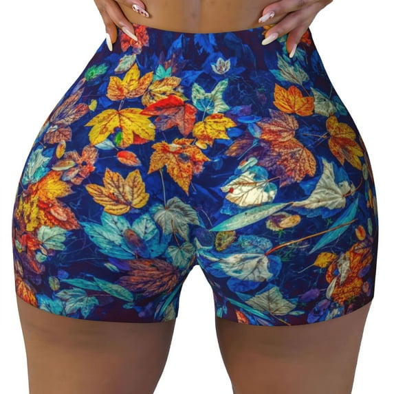 Vsdgher Colorful Fall Leaves print Workout Shorts for Women Seamless Soft Smooth Gym Yoga Scrunch Active Exercise Fitness Shorts