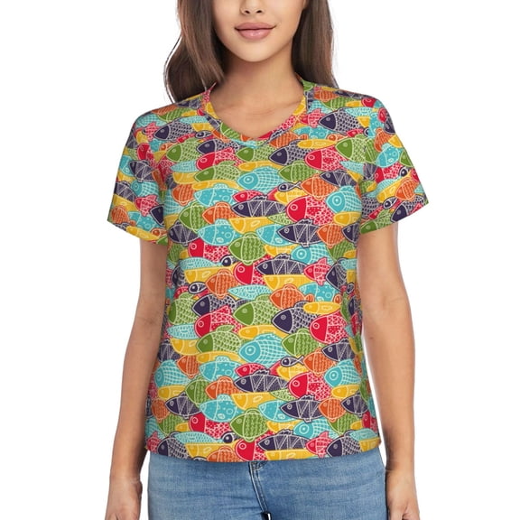 Vsdgher Colorful Fish 2 Women Shirts V Neck Short Sleeve Tops T-Shirt Basic Tees, S to 3XLMedium