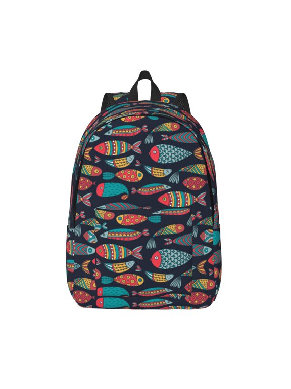 Colorful Fish Print Canvas Backpack Travel Rucksack Unisex Knapsack 15.7/17.7Inch Laptop Backpack for Work,College -Small
