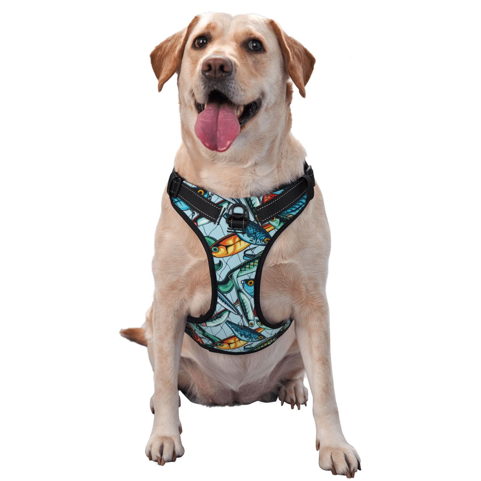 Vsdgher Colorful Fishing Baits Pattern Dog Harness,No Pull Pet Harness with Soft Padded Handle,Adjustable Reflective Vest with 2 Buckles,4 Slide Buckles,S-XL Medium