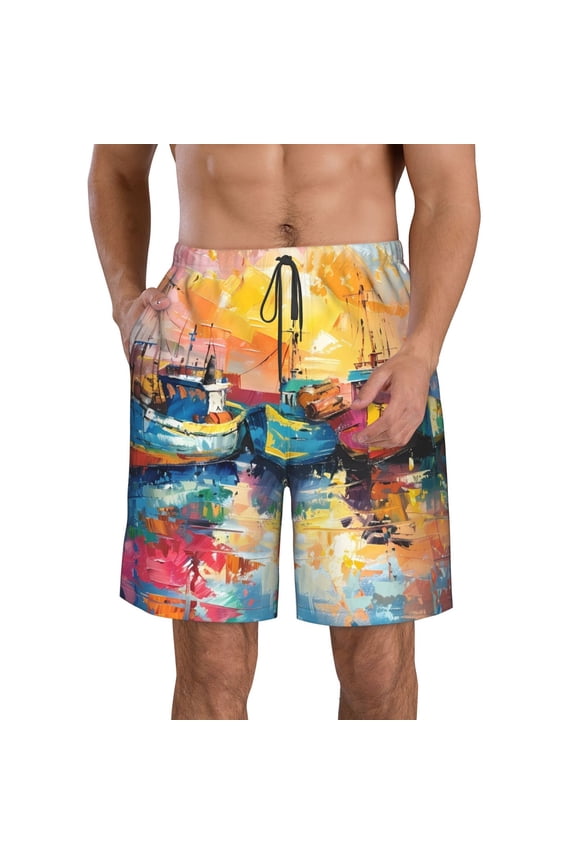 Colorful Fishing Boats Men's Beach Shorts, Surfing shorts, Swim trunks, Quick Dry Swim Trunks for Surfing Beach Fun -Large