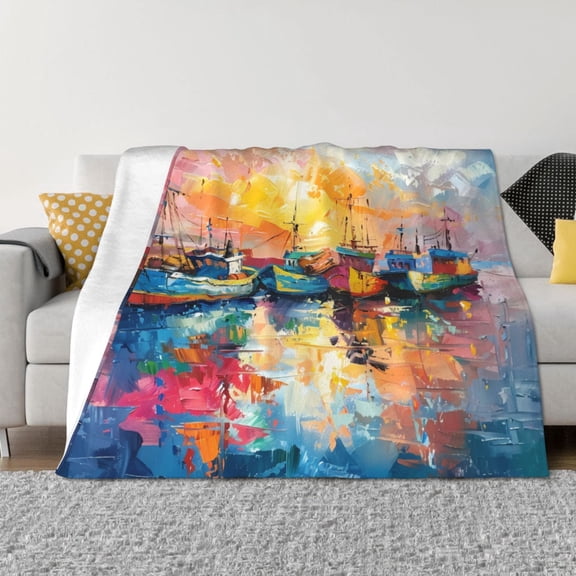 Vsdgher Colorful Fishing Boats Pattern Fleece Throw Blanket, Horizontal Fleece Bedding Home Decor for Couch & Bed All Season Use -40"x30"