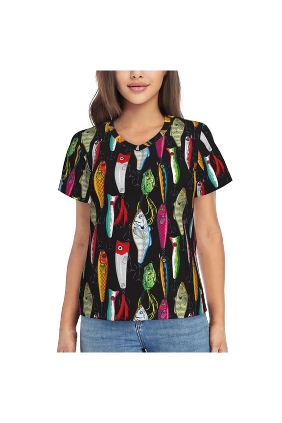 Colorful Fishing Lures Women Shirts V Neck Short Sleeve Tops T-Shirt Basic Tees, S to 3XLSmall