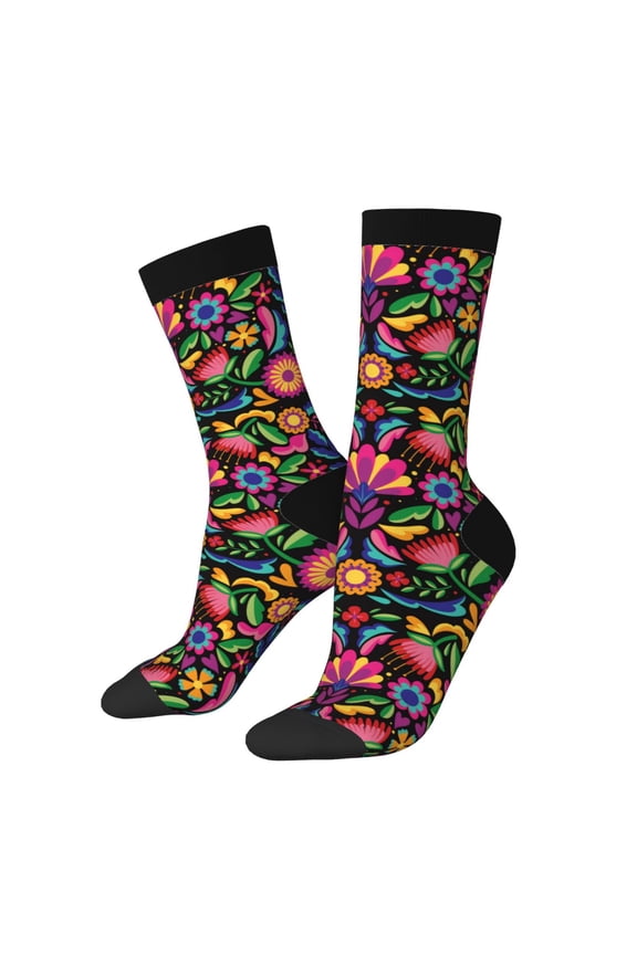 Colorful Floral Embroidery Mexican Crew Socks for Men & Women, Breathable Casual Athletic Ankle Socks