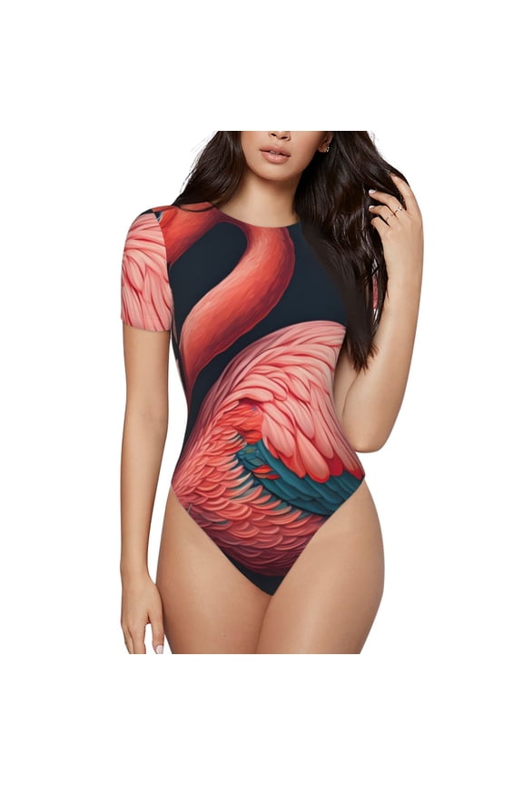 Colorful Floral Flamingo Prinr Short Sleeve Body suit for Womens, Sexy Onesie One Piece Round Neck Bodysuit Shapewear Tummy Control-Medium