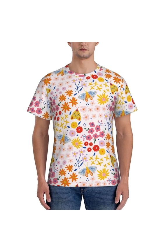 Colorful Floral Print Men's Dry Fit Mesh Athletic Shirts Moisture Wicking Tennis T-Shirt Tops