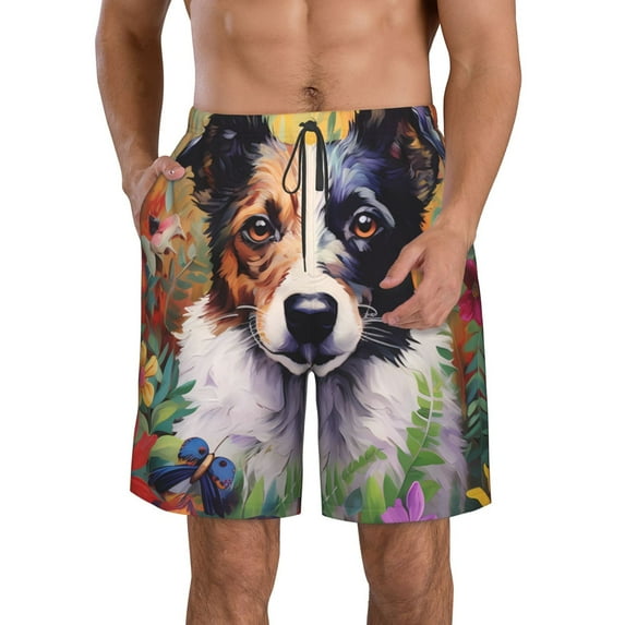 Vsdgher Colorful Flower Dog Men's Beach Shorts, Surfing shorts, Swim trunks, Quick Dry Swim Trunks for Surfing Beach Fun -Large