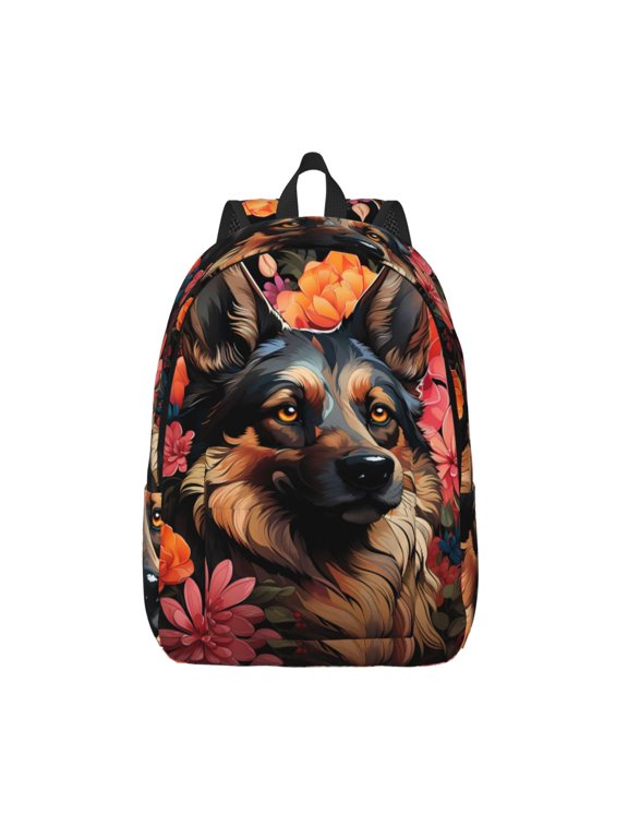 Colorful Flower German Shepherd Print Canvas Backpack Travel Rucksack Unisex Knapsack 15.7/17.7Inch Laptop Backpack for Work,College -Small