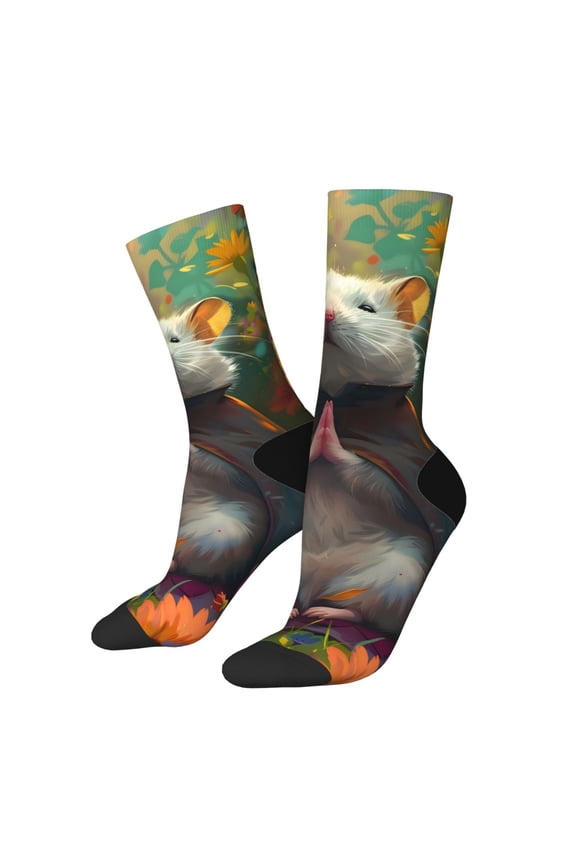 Colorful Flower Meditating Hamster Crew Socks for Men & Women, Breathable Casual Athletic Ankle Socks
