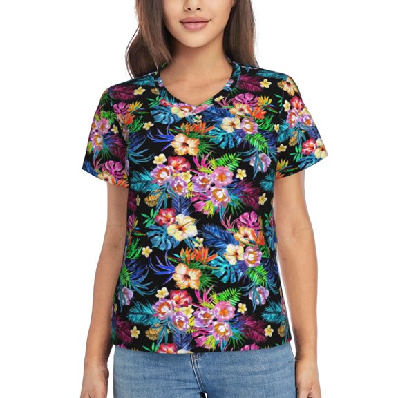 Vsdgher Colorful Flowers Women Shirts V Neck Short Sleeve Tops T-Shirt Basic Tees, S to 3XLMedium