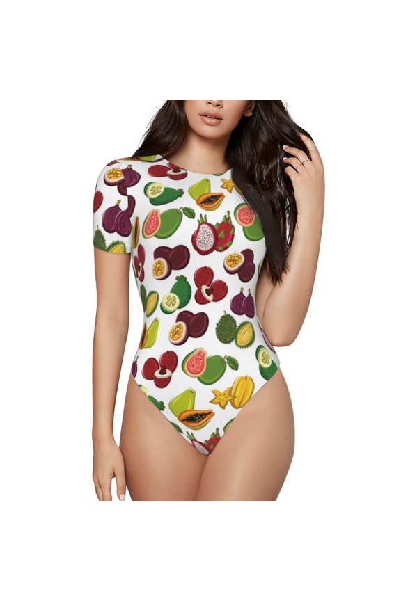 Colorful Fruits Prinr Short Sleeve Body suit for Womens, Sexy Onesie One Piece Round Neck Bodysuit Shapewear Tummy Control-Medium