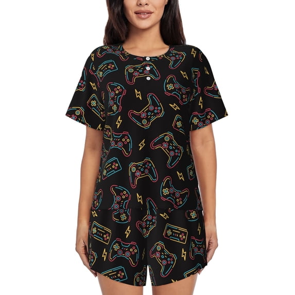 Vsdgher Colorful Game Controller Pattern Womens Pajamas 2 Piece Short Sleeve Sleepwear Set,Summer Soft Pajamas Set Casual Lounge Sets, 2-Piece Pj -X-Large