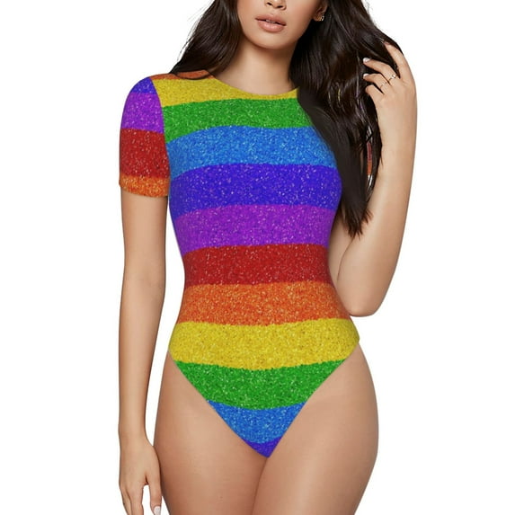Vsdgher Colorful Glitter Rainbow Prinr Short Sleeve Body suit for Womens, Sexy Onesie One Piece Round Neck Bodysuit Shapewear Tummy Control-Medium