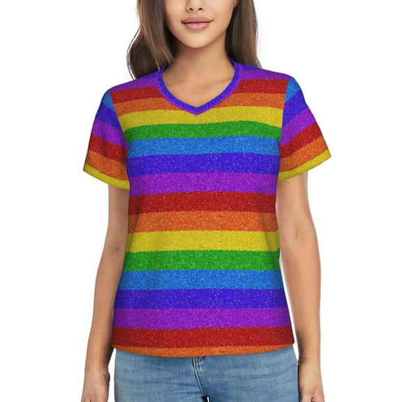 Vsdgher Colorful Glitter Rainbow Women Shirts V Neck Short Sleeve Tops T-Shirt Basic Tees, S to 3XLLarge