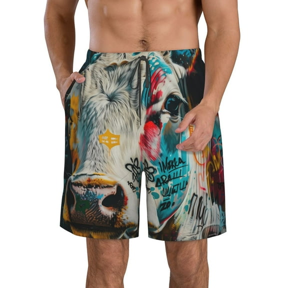 Vsdgher Colorful Graffiti Cow Men's Beach Shorts, Surfing shorts, Swim trunks, Quick Dry Swim Trunks for Surfing Beach Fun -Medium