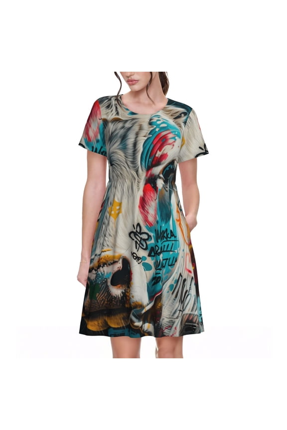 Colorful Graffiti Cow for Womens Summer 2025 Casual Midi Maxi Dresses Lightweight Short Sleeve Round Neck Beach Dress -Medium