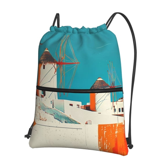 Vsdgher Colorful Greek Windmills Drawstring Backpack Water Resistant String Bag Sports Sackpack Gym Sack for Men Women